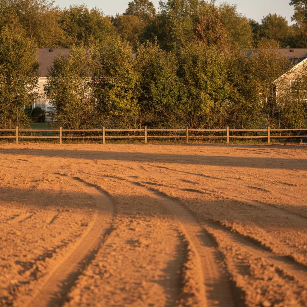 Level bare ground with tire tracks and a boundary fence