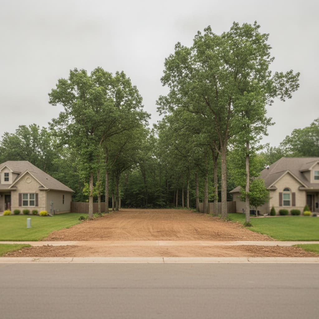 A cleared residential lot between two standing houses