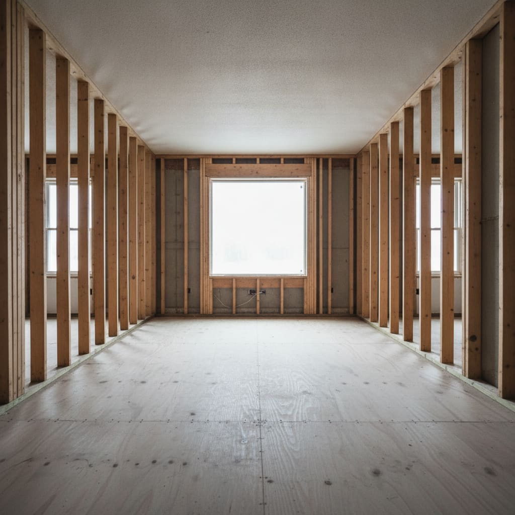 An interior room stripped to exposed wall framing and subfloor