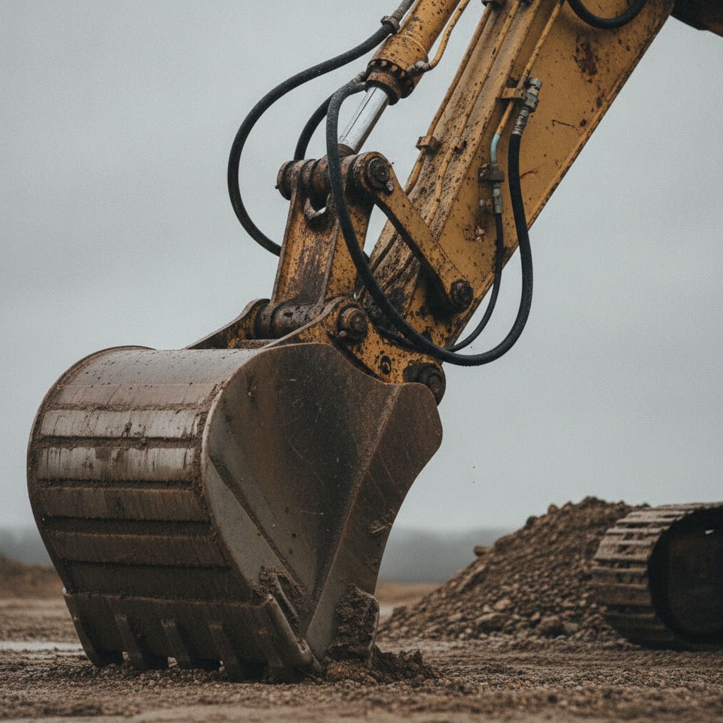 An excavator arm and bucket at rest