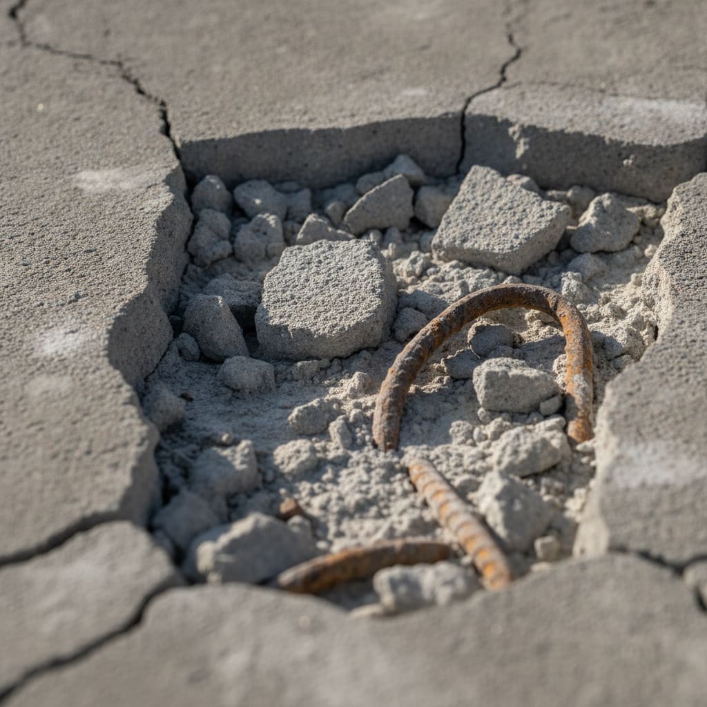 Broken concrete and exposed reinforcing bar