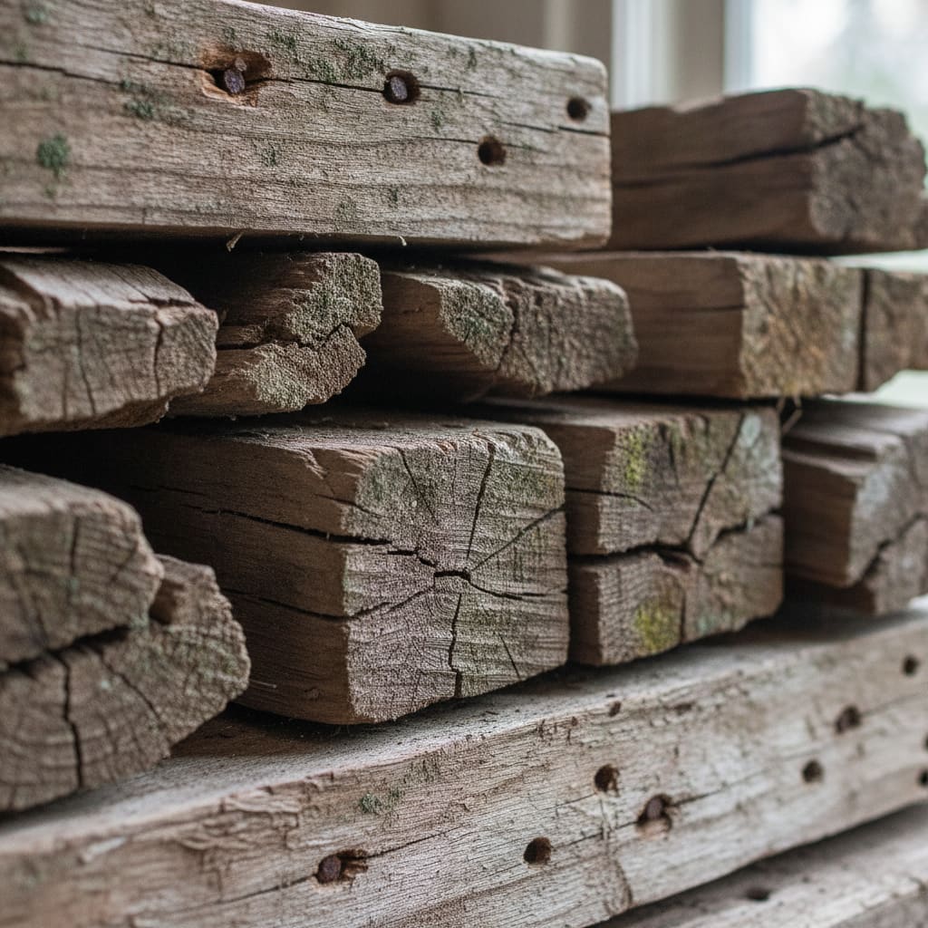 Stacked, splintered framing lumber